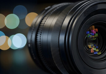 A professional black camera lens captures colorful city lights in its reflection while resting against a blurry bokeh background at night. Generative AI