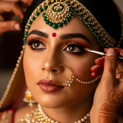 A young adult Indian bride in traditional jewelry receiving final eye makeup touches with a brush during wedding preparation. Generative AI