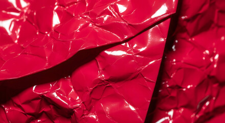 Vibrant close up of glossy red crumpled paper with sharp highlights and deep shadows creating a dynamic textured surface and modern look. Generative AI.