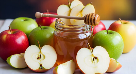 A jar of amber honey with a wooden dipper surrounded by whole and sliced red and green apples on a light surface with a soft blurred background. Generative AI.