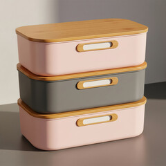A stack of three minimalist storage bins in pink and gray with smooth wooden lids and handles against a neutral background. Generative AI.