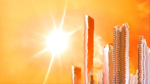 A thermometer shows a high temperature against an orange sky with melting high-rise buildings and a shining sun. The concept of a heat wave. Extreme weather. The impact of global warming