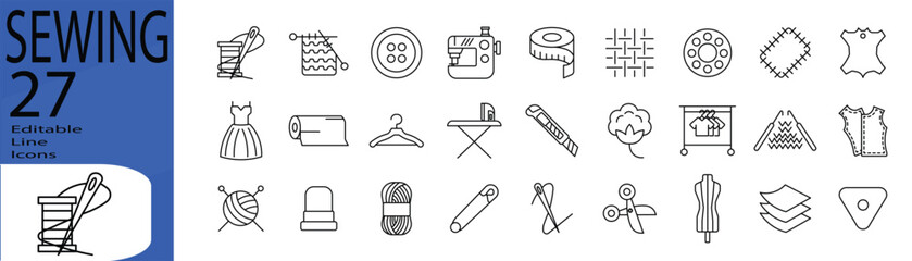 Sewing line editable icon set. Editable stroke. Vector illustration.
