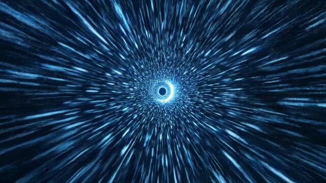 Abstract visualization of traveling at light speed through a deep blue cosmic wormhole creating streaks of brilliant energy toward a central singularity point.