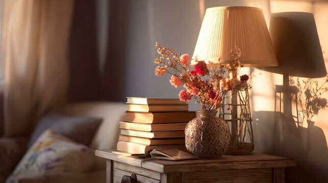Cozy bedside table with books, lamp, and vase of flowers in warm sunlight.