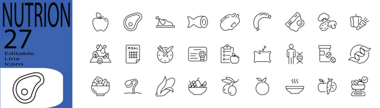 Nutrion line editable icon set. Editable stroke. Vector illustration.