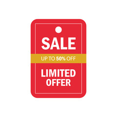 Red vertical sale tag with gold ribbon - up to 50% off limited offer