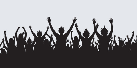 Silhouette of a crowd of people with their hands raised in celebration or excitement.