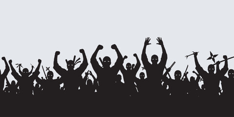 Silhouette of a large group of ninjas celebrating with raised fists and weapons. © Riki