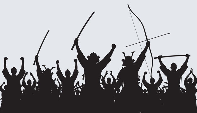 Silhouette of a victorious samurai army celebrating with raised swords and bows against a light background.