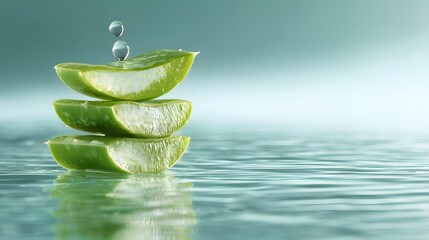 Fototapeta premium Aloe Vera Slices Stacked with Water Droplets, Refreshing and Hydrating Concept.