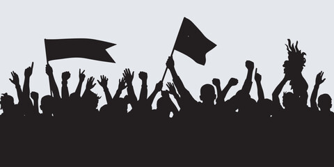 Fototapeta premium Silhouette of a crowd of people with raised fists and flags, symbolizing protest or celebration.