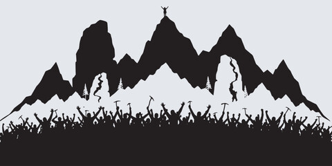 Obraz premium Silhouette of a triumphant crowd celebrating on a mountain peak against a backdrop of jagged peaks.