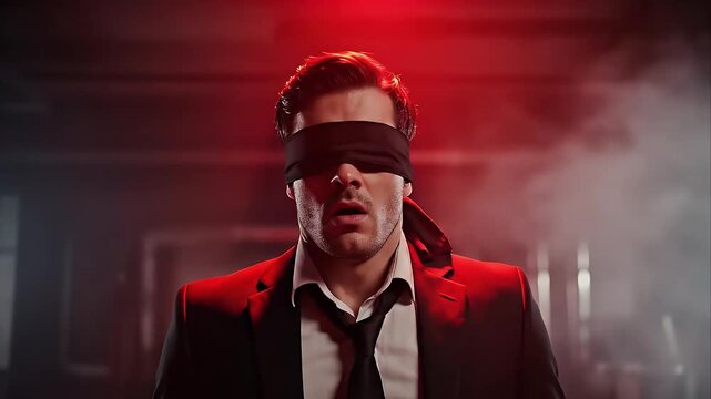 Man in Black Suit and Blindfold Standing in a Dark Room Under Red Light with Smoke and Fog