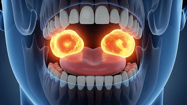 Close Up Medical Animation of Human Mouth Showing Inflamed Tonsils With Glowing Orange Masses Against A Dark Blue Background With X Ray Overlay Representing Infection Or Disease