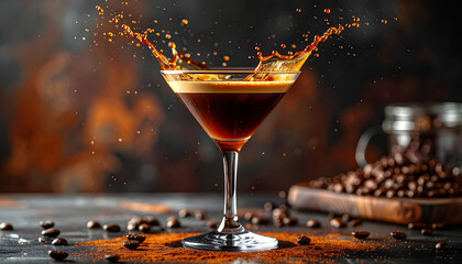 Floating coffee martini glass with splash effect