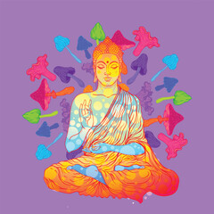 Acid Lord Buddha, ornate mandala round pattern mushroom illustration. Esoteric vintage vector illustration. Indian, Buddhism, spiritual art. Hippie tattoo, spirituality, rave party poster.