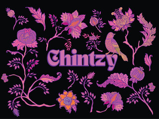 Floral vintage pattern elements set in Jacobean style isolated on white. Enchanted Vintage Flowers. Chintz inspired. Design for wrapping paper, wallpaper, fabrics and fashion clothes.