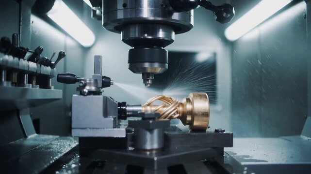 Close-up of a CNC milling machine cutting a metal part with precision. Industrial manufacturing process with metal chips and modern automated equipment in a factory setting.