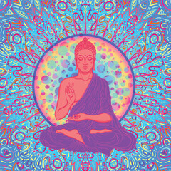 Acid Lord Buddha, ornate mandala round pattern mushroom illustration. Esoteric vintage vector illustration. Indian, Buddhism, spiritual art. Hippie tattoo, spirituality, rave party poster.