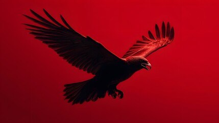 Obraz premium Majestic Eagle Soaring Against a Fiery Red Sky, Powerful Silhouette.