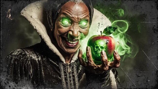 evil witch holding poison apple with skull, green smoke