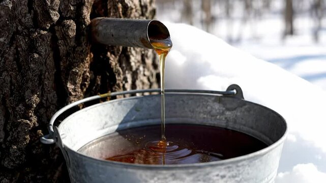 Maple Sap Dripping from Tree Spout into Bucket During Spring Tapping Season