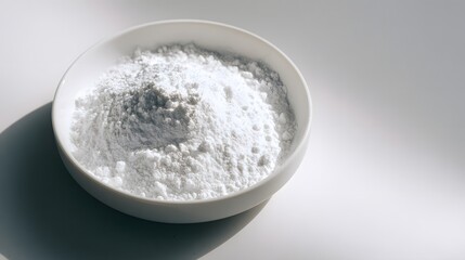 Close-up of a white bowl filled with fine, powdery substance on a white surface.
