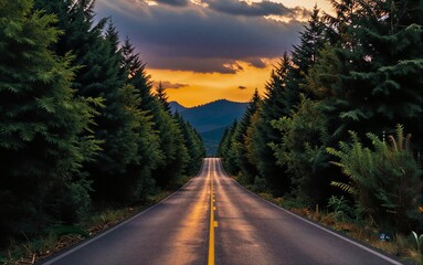 Obraz premium Forest-lined road stretches toward sunset, golden light piercing dark clouds above.