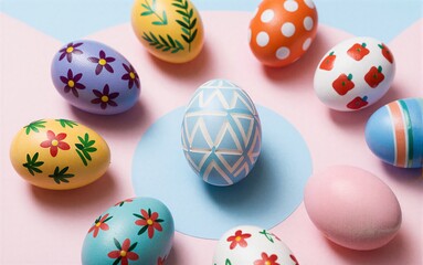 Colorful Easter eggs decorated with flowers, patterns and designs on light blue background.