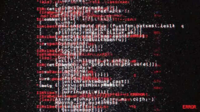 digital code error glitch background, red text on black