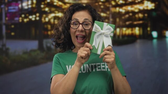Hispanic woman in volunteer uniform joyfully holding a gift box on a lit street at night, embodying generosity and community spirit.