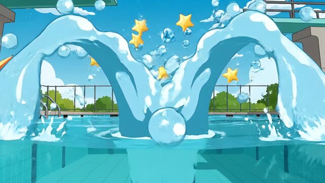 Happy cartoon boy leaps from diving board into swimming pool