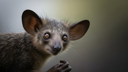 Fototapeta premium Close-up Portrait of a Cute and Curious Aye-aye Primate with Large Ears