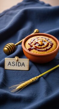 Traditional Asida Wheat Pudding with Date Syrup on Indigo Linen and Antique Brass