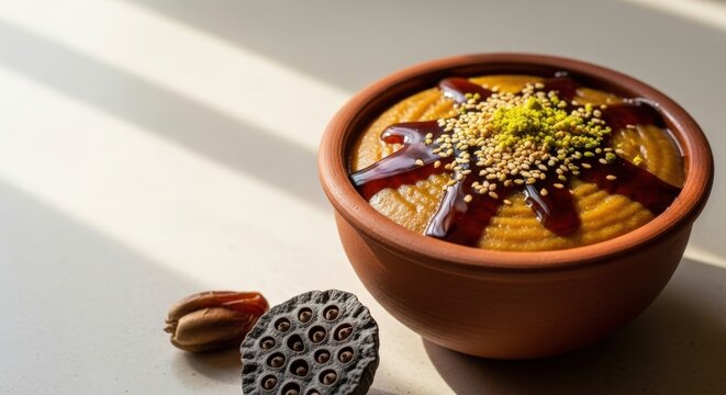 Traditional Asida Wheat Pudding with Date Syrup and Large Left Copy Space