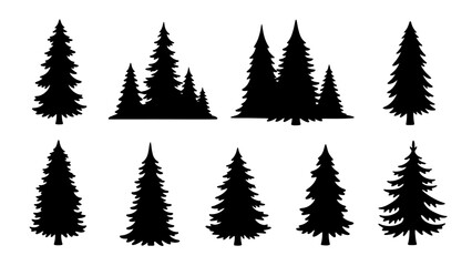 Obraz premium Collection of various black silhouette pine trees and firs.