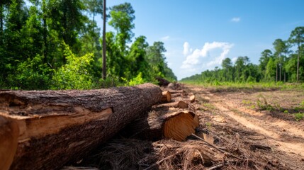 Fototapeta premium Freshly Cut Firebreak Line in Forest Before Dry Season with Logs and Lush Greenery