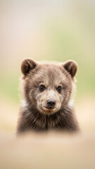 Obraz premium Adorable brown bear cub peeking over a grassy hill in its natural habitat, a heartwarming sight of wildlife