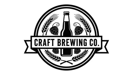 Obraz premium Craft Brewing Co. Logo with Beer Bottle Hops and Wheat.