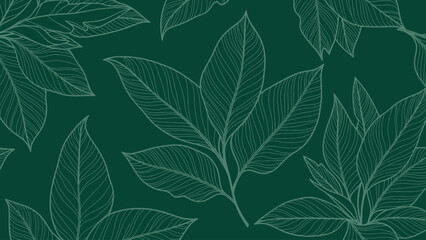 Detailed botanical line art illustration of various leaves on a dark green background. © art.Co