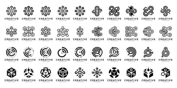 Set of Tech Digital Network Connectivity with Node, Circuit, and Cube Logo Collection. Geometric abstract icon vector isolated on white background.