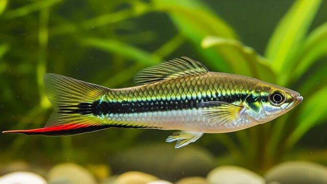 A vibrant green and silver fish with a distinctive red and black swordtail fin swimming in a freshwater aquarium with aquatic plants and pebbles.