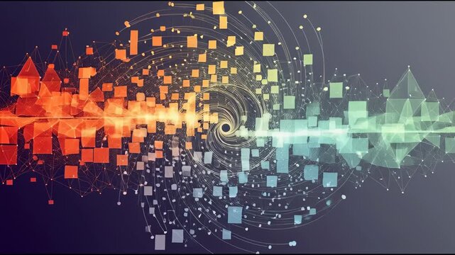 Abstract data visualization with swirling squares in gradient color scheme