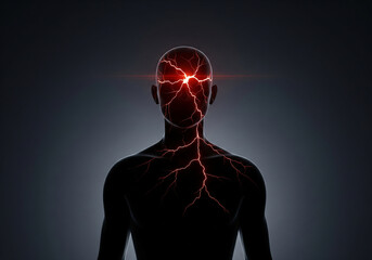 Human Silhouette with Internal Cracks of Light Representing Stress
