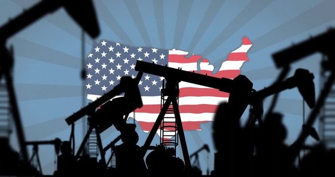 Map appearing triggers central pumpjack and front silhouettes pumping, showing US oil output