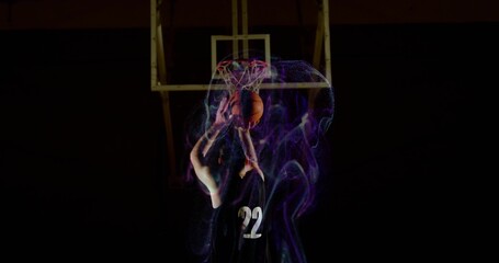 Dunking basketball player powering ball through hoop at gym wearing jersey 22 with purple smoke