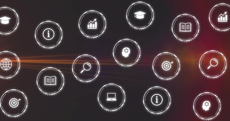 Displaying floating HUD icons glowing in dark UI with dotted rings, orange flare, chart © vectorfusionart