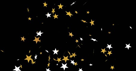 Fototapeta premium Glittering gold-white 5-pointed stars clustering, drifting on black void, with thin trails, sparks