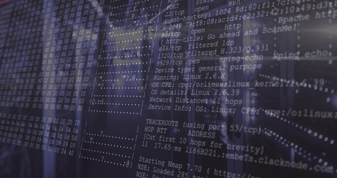 Displaying overlaid Nmap output centered in data center aisle, showing rack servers, cables, LEDs